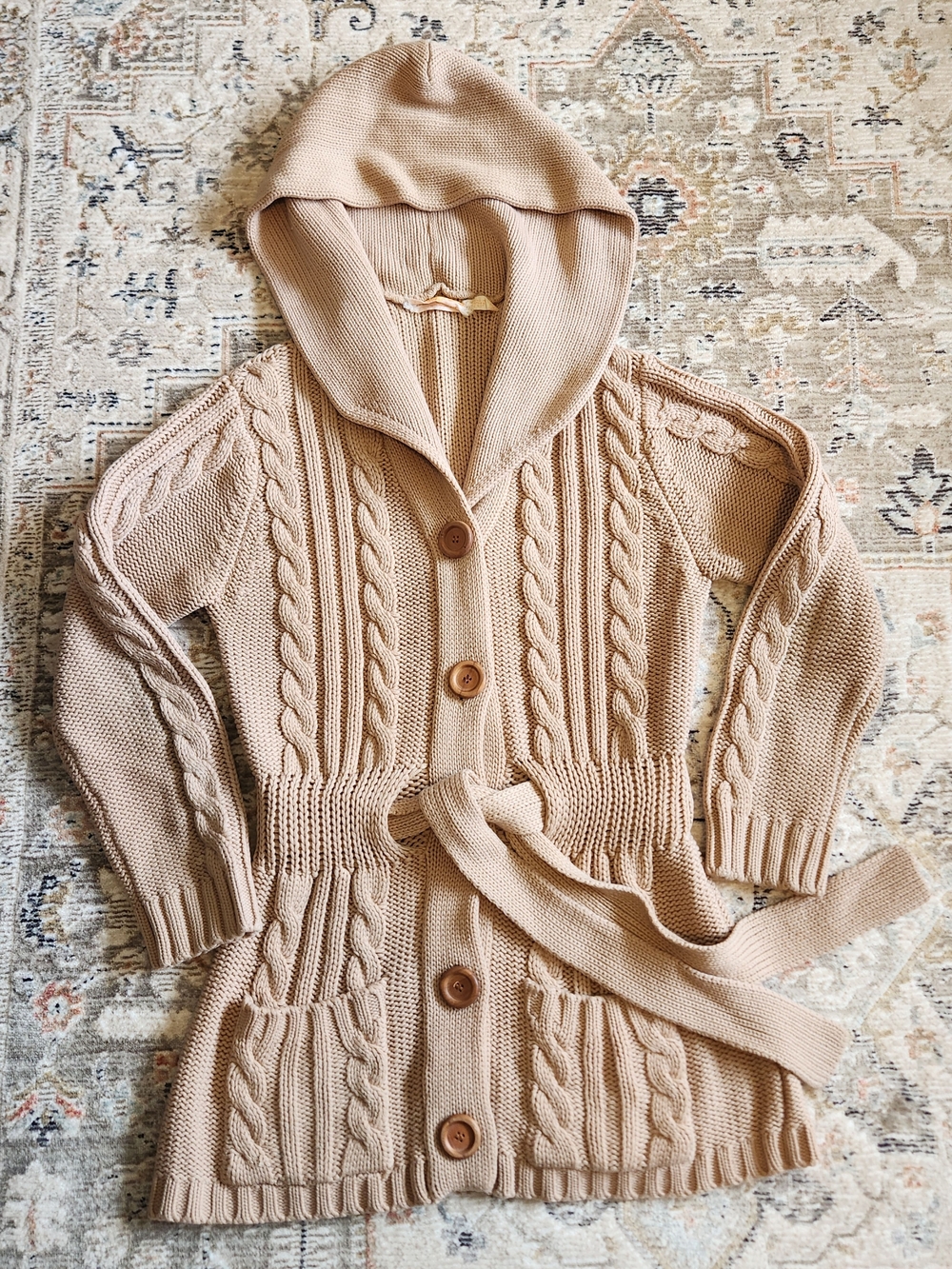 Vintage 1970s Knit Cardigan Beige Hooded Belted Women's Small